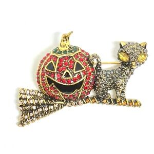Crystal Cat on Broom with Pumpkin Brooch